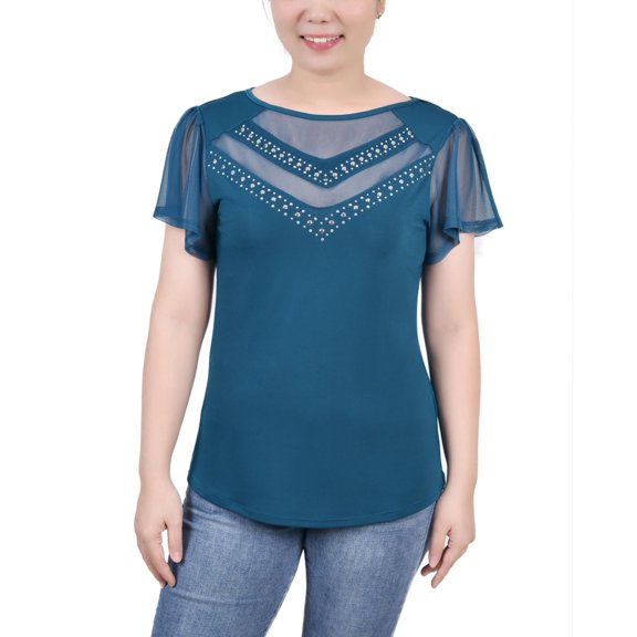 Petite Studded Short Flutter Sleeve Top Flut Shaded Spruce PS