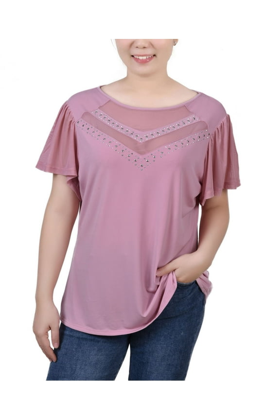 Petite Studded Short Flutter Sleeve Top Mellow Rose PL