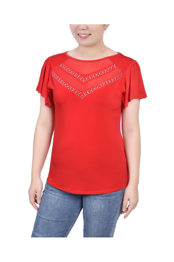 Petite Studded Short Flutter Sleeve Top Tango Red PS