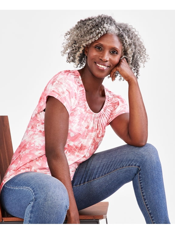 Petite Sunset Floral Pleated-Neck Flutter-Sleeve Top Sunset Pink Icing Petite XL