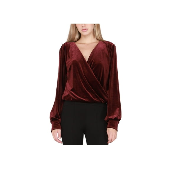 Petite Surplice-Neck Elasticized-Hem Top Velvet Wine PXS