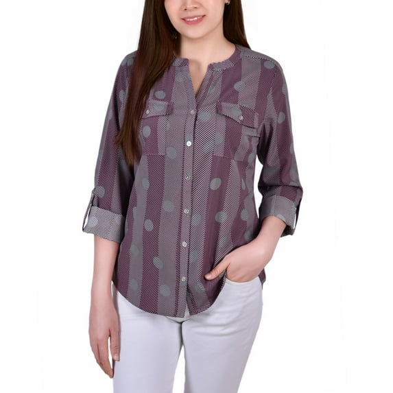 Petite Tab Y Neck Blouse Black Lines PS