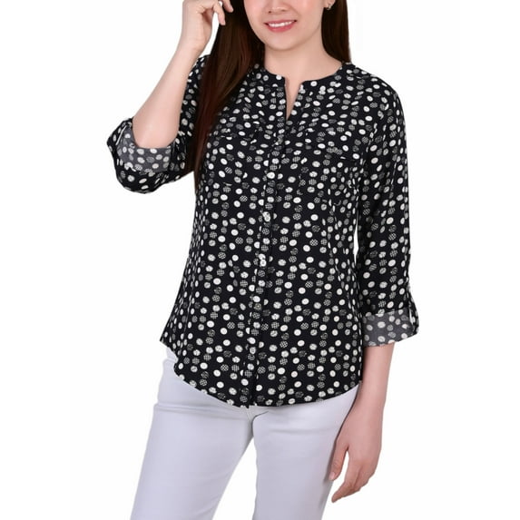 Petite Tab Y Neck Blouse Black With White Dit - Big Dot PM