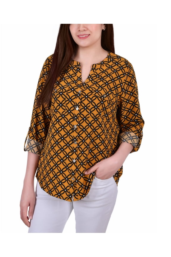 Petite Tab Y Neck Blouse Golden Yellow/Black Lines Icon PL