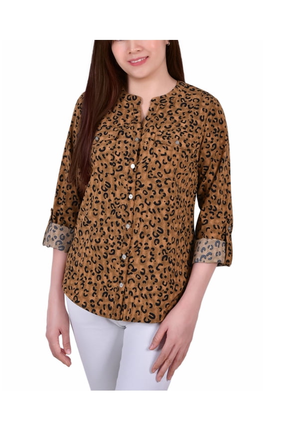 Petite Tab Y Neck Blouse Taupe Animal PM