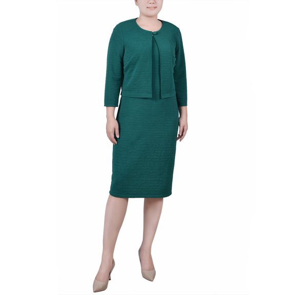 Petite Textured 3/4 Sleeve Two Piece Dress Set Emerald 6P