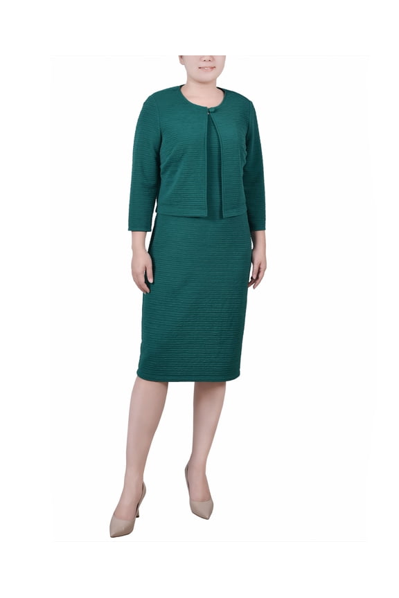 Petite Textured 3/4 Sleeve Two Piece Dress Set Emerald 6P