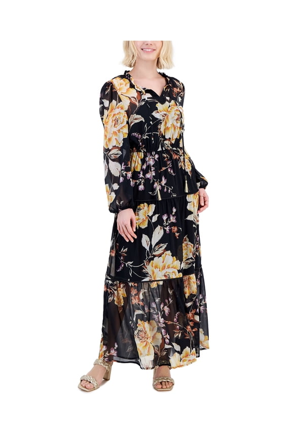 Petite Tiered-Skirt Tie-Neck Blouson-Sleeve Dress Navy Rose Floral PL