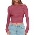 thumbnail image 1 of Petite Tops for Women off Shoulder Long Sleeve Slim Fit Ladies Casual Blouse,Hot Pink,XS, 1 of 4
