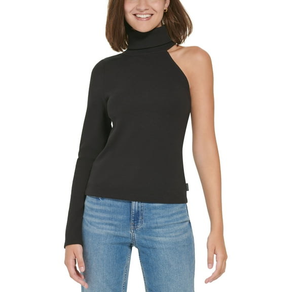 Petite Turtleneck One-Shoulder Top Black PS
