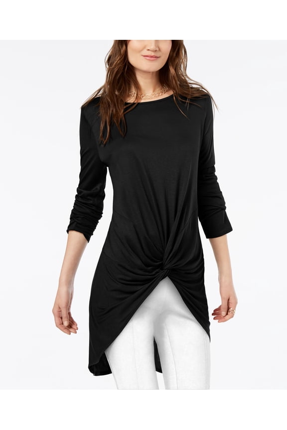 Petite Twist Front High Low Ruched Top Black PXS