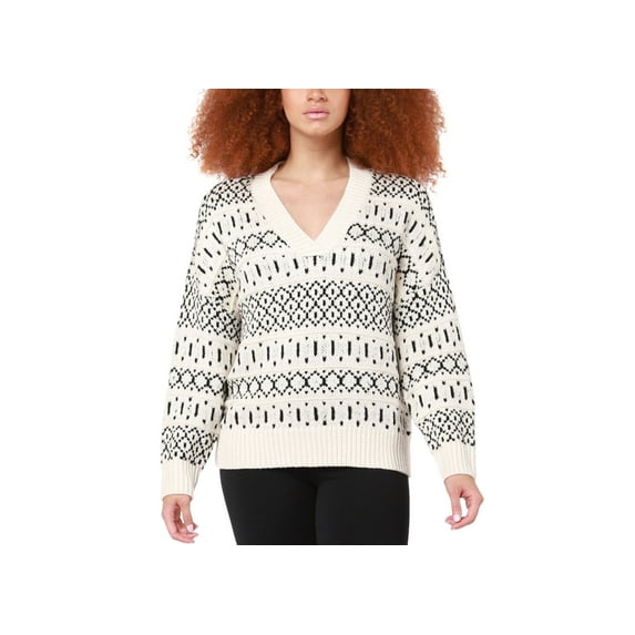 Petite V-Neck Intarsia-Knit Sweater Cream Black PS
