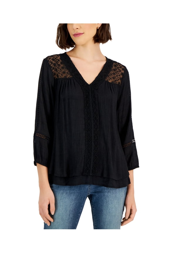 Petite V-Neck Lace-Trim Top Deep Black PP