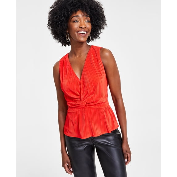 Petite V-Neck Plissé Twist-Front Top Loving Red PM
