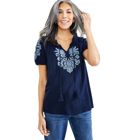 Petite Vacay Embroidered Tassel-Tie Top Industrial Blue PL
