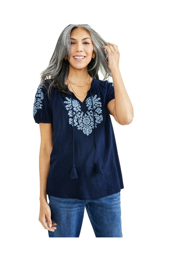 Petite Vacay Embroidered Tassel-Tie Top Industrial Blue PS
