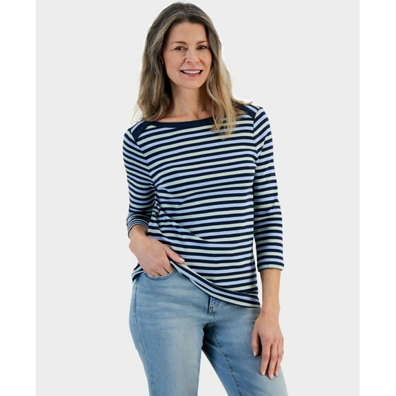 Petite Valerie Striped 3/4-Sleeve Boat-Neck Top Stripe Industrial Blue PM