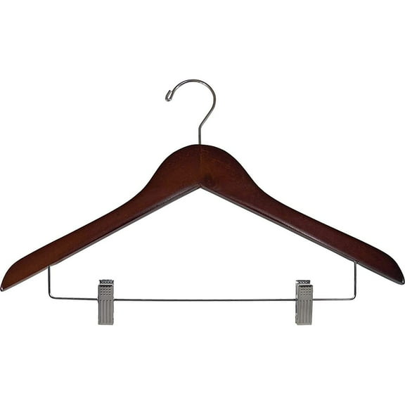Petite Walnut Wooden Combo Skirt Hanger with Clips in 15" Length X 7/16" Thick & Chrome Hardware, Box of 50