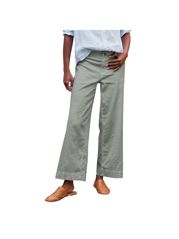 Petite Wide Leg Pants for Women Crop Linen Pants High Waisted Flare Dressy Capris Work Pants Business Casual Teacher Ankle Pants with Pockets Mint Green XL