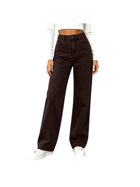 Petite Wide Leg Pants for Women Baggy Tummy Control Straight Leg Casual Jeans Long Flowy Denim Pants with Pockets and Zipper Fly