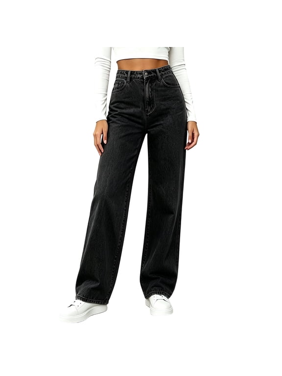 Petite Wide Leg Pants for Women Baggy Tummy Control Straight Leg Casual Jeans Long Flowy Denim Pants with Pockets and Zipper Fly