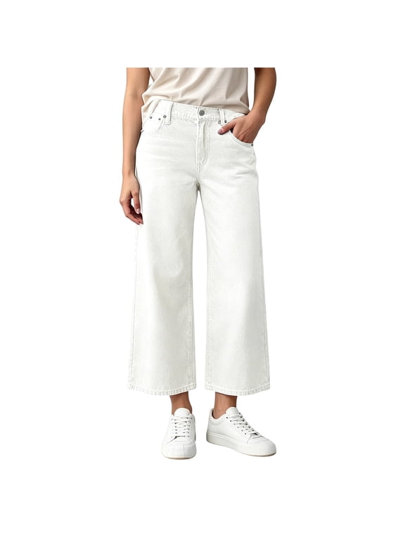 Petite Wide Leg Pants for Women Tummy Control Straight Leg Casual Jeans 7/8 Length Flowy Denim Pants with Pockets and Zipper Fly
