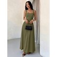 thumbnail image 1 of Petite Womens Army Green Solid Square Neck Ruched Flared Maxi Dress For Spring Summer, 1 of 6