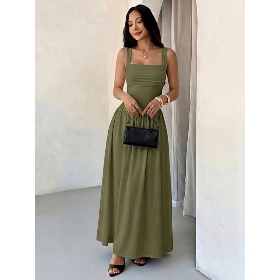 Petite Womens Army Green Solid Square Neck Ruched Flared Maxi Dress For Spring Summer
