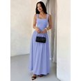 thumbnail image 1 of Petite Womens Blue Solid Square Neck Ruched Flared Maxi Dress For Spring Summer, 1 of 7