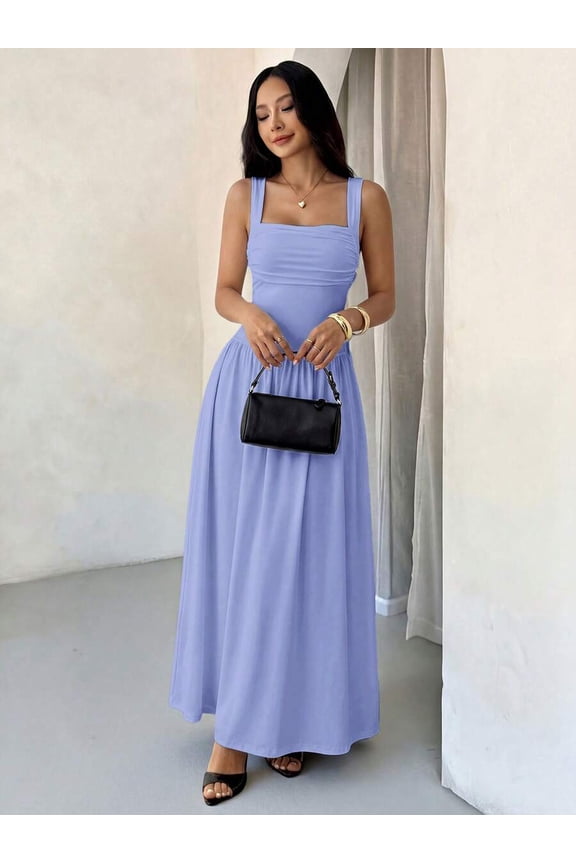 Petite Womens Blue Solid Square Neck Ruched Flared Maxi Dress For Spring Summer