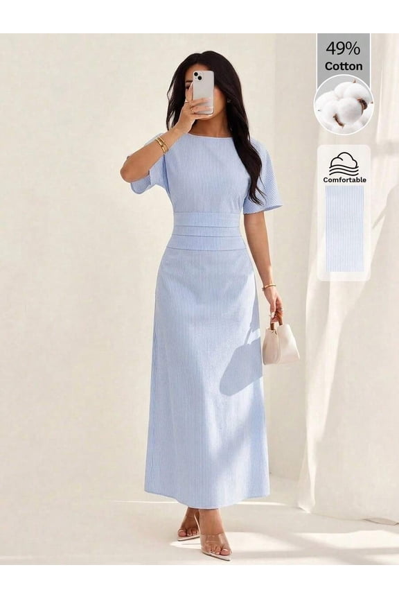 Petite Womens Blue Striped Linen Blend Ruched Waist Short Sleeve Maxi Dress