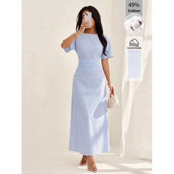Petite Womens Blue Striped Linen Blend Ruched Waist Short Sleeve Maxi Dress