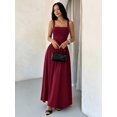 thumbnail image 1 of Petite Womens Burgundy Solid Square Neck Ruched Flared Maxi Dress For Spring Summer, 1 of 8