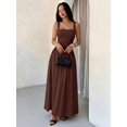 thumbnail image 1 of Petite Womens Coffee Brown Solid Square Neck Flared Maxi Dress For Spring Summer, 1 of 7