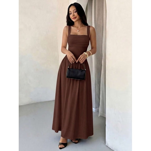Petite Womens Coffee Brown Solid Square Neck Flared Maxi Dress For Spring Summer