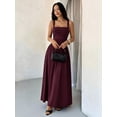 thumbnail image 1 of Petite Womens Maroon Solid Square Neck Ruched Flared Maxi Dress For Spring Summer, 1 of 8
