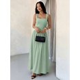 thumbnail image 1 of Petite Womens Mint Green Solid Square Neck Ruched Flared Maxi Dress For Spring Summer, 1 of 7
