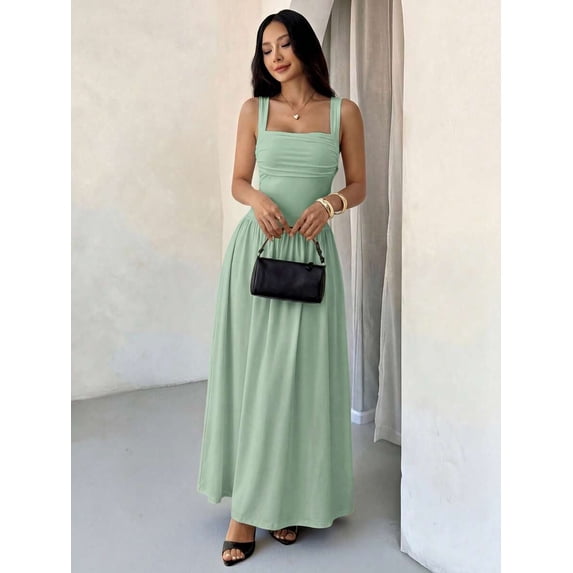 Petite Womens Mint Green Solid Square Neck Ruched Flared Maxi Dress For Spring Summer