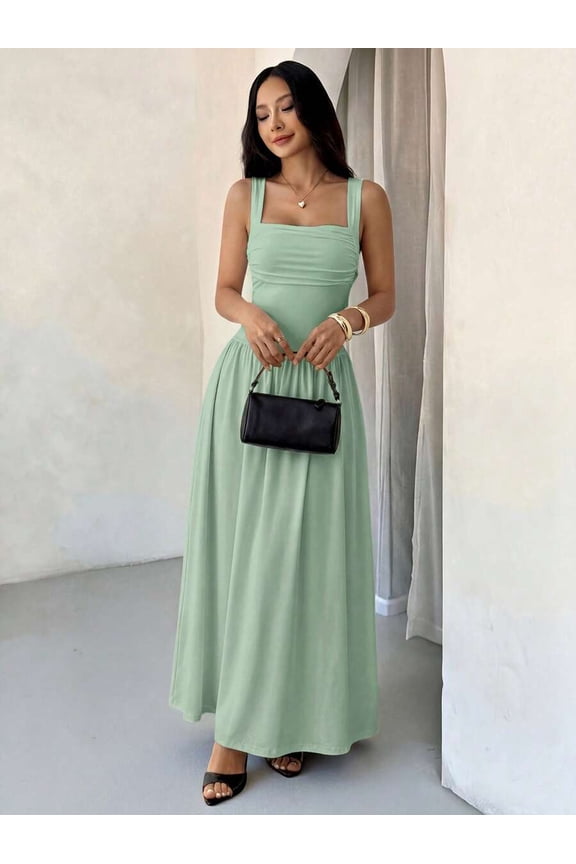 Petite Womens Mint Green Solid Square Neck Ruched Flared Maxi Dress For Spring Summer