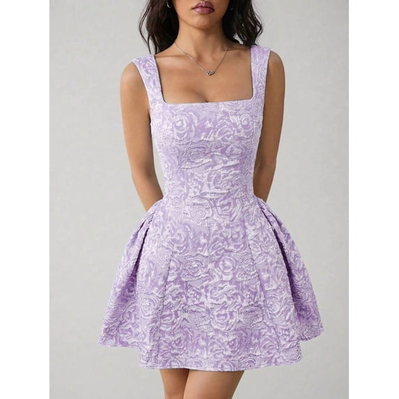 Petite Womens Sleeveless Mauve Purple Floral Embossed Mini Dress, Square Neck Fit & Flare Style