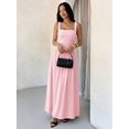 thumbnail image 1 of Petite Womens Solid Pink Square Neck Ruched Flared Maxi Dress For Spring Summer, 1 of 7