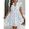thumbnail image 1 of Petite Womens V-Neck Cinched Waist A-Line Casual Vacation Dress With Multicolor Ditsy Floral Print, 1 of 7