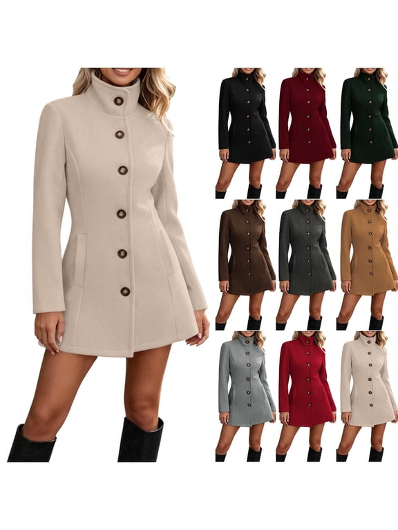 Petite Womens Waist Defining Winter Coats Stand Collar Single Breasted Mid Length Jackets Fall Trendy with Pockets