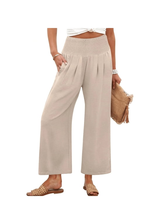 Petite Womens Wide Leg Crop Pants 2026 Summer Smocked Waist Pull On Casual Palazzo Trousers with Pockets Beige S