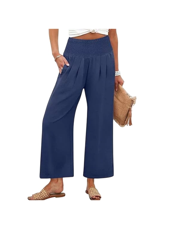 Petite Womens Wide Leg Crop Pants 2026 Summer Smocked Waist Pull On Casual Palazzo Trousers with Pockets Blue XL