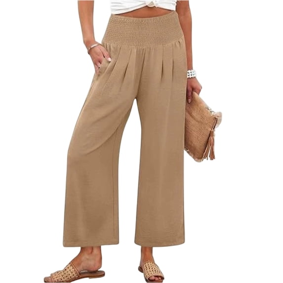 Petite Womens Wide Leg Crop Pants 2026 Summer Smocked Waist Pull On Casual Palazzo Trousers with Pockets Khaki L