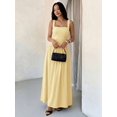 thumbnail image 1 of Petite Womens Yellow Solid Square Neck Ruched Flared Maxi Dress For Spring Summer, 1 of 7