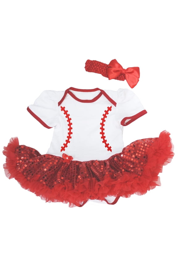 Petitebelle Baseball Print Baby Dress Nb-18m (White/Red Sequins, 12-18 Months)