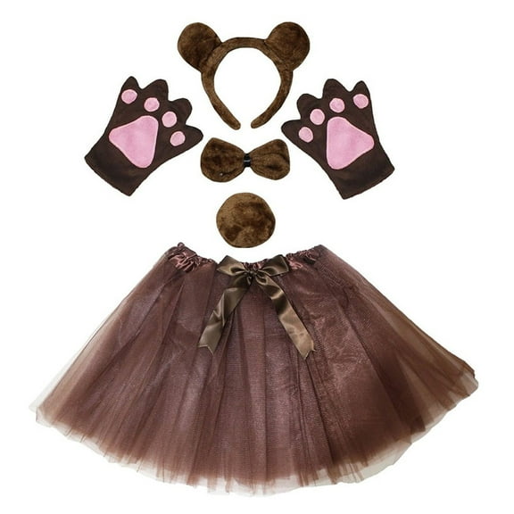 Petitebelle Bear Headband Bowtie Tail Gloves Tutu 5pc Costume (Brown, 5-10 Years)