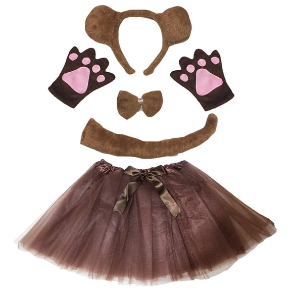 Petitebelle Bear Headband Bowtie Tail Gloves Tutu 5pc Costume (Brown(long tail), 1-5 Years)